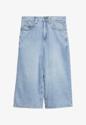 Hellblaue Denim-Shorts knielang mit Frontknopf, Reißverschluss, Gürtelschlaufen und Fünf-Taschen-Design.