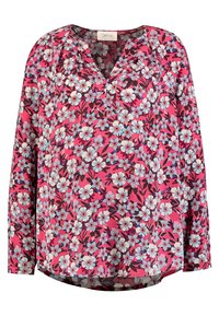 Pink floral blouse with long sleeves, v-neck design, featuring white and blue flowers on a dark background, made from lightweight fabric.