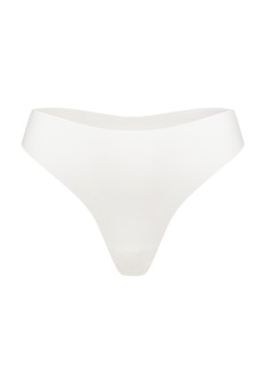 Witte stringonderbroek met een gladde textuur, lage taille en minimale bedekking. De stof lijkt lichtgewicht en naadloos te zijn.