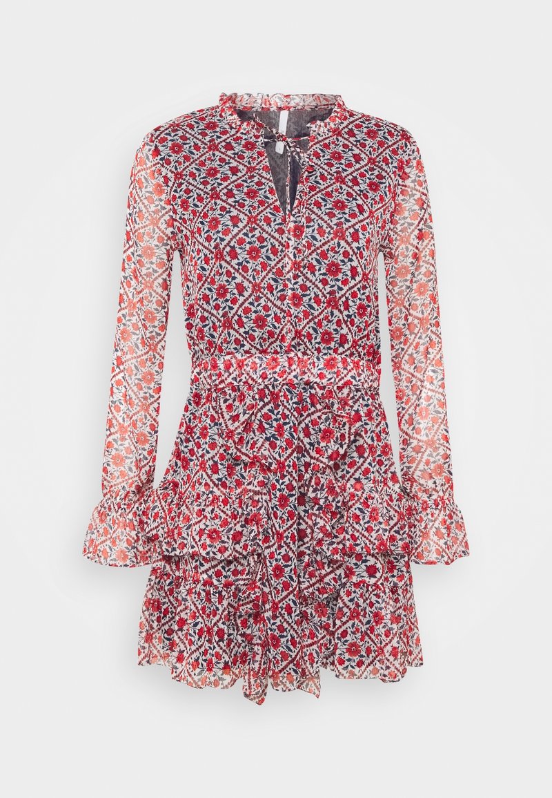 Robe à manches longues fleurie avec un motif de fleurs rouges et blanches, poignets volantés, jupe à étages et petit nœud au niveau du col.