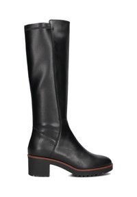 Knee-high black leather boots with a smooth finish, a sturdy block heel, and a textured sole for traction. Features reinforced stitching.