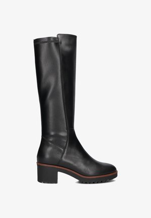 Knee-high black leather boots with a smooth finish, a sturdy block heel, and a textured sole for traction. Features reinforced stitching.