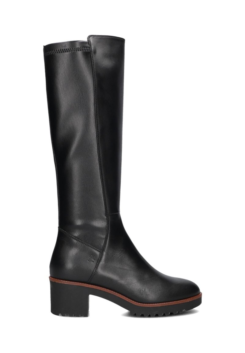 Knee-high black leather boots with a smooth finish, a sturdy block heel, and a textured sole for traction. Features reinforced stitching.