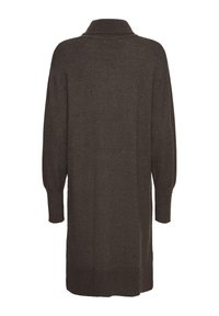 Hosszú, sötétbarna kötött ruha galléros nyakkivágással és hosszú ujjakkal. Enyhén texturált felülettel, bordázott szegéllyel és mandzsettákkal.