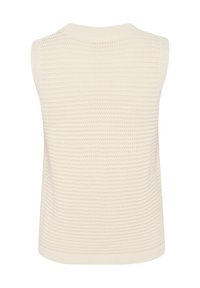 Bezrękawnik dzianinowy w kolorze ecru, z teksturowanym wzorem w poziome paski oraz ściągaczem przy okrągłym dekolcie.