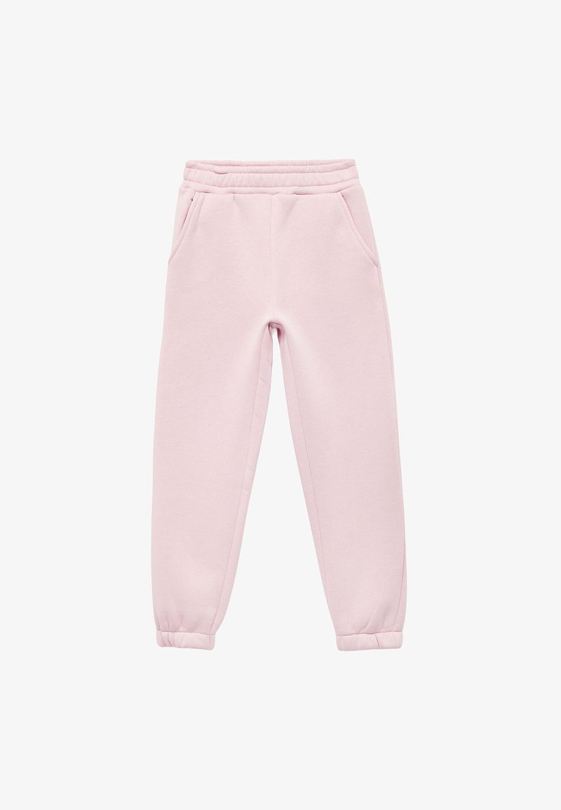 Jasnoróżowe dresy wykonane z miękkiego materiału, z elastycznym paskiem w talii, dwoma bocznymi kieszeniami oraz elastycznymi mankietami na kostkach.