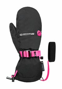 Zwarte wanten met een roze verstelbare riem, label voor warmte-opvangtechnologie en een gestructureerde roze accent bij de pols. Elastische manchetten voor een stevige pasvorm.