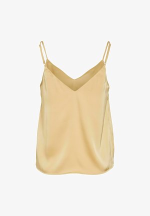 Gul satin camisole med tynde justerbare stropper, der har en V-udskæring og en glat, blank overflade. Enkel og minimalistisk design.
