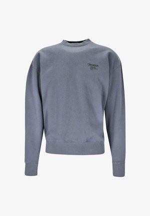 Sudadera de algodón gris con un cuello redondo acanalado, mangas largas y un pequeño logo negro en el pecho. Textura suave con un corte relajado.