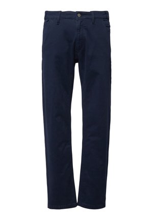 Marineblauwe rechte broek met riemlussen, knoopsluiting aan de voorkant en zijzakken, weergegeven op een witte achtergrond.