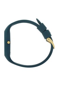 Montre intelligente rectangulaire avec un bracelet en silicone teal, dotée d'un bouton et d'une boucle dorés. Texture lisse avec un design minimaliste.
