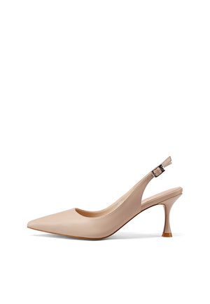 Scarpa slingback beige con punta a punta, tacco medio, materiale in similpelle liscia, cinturino regolabile e dettaglio sottile con fibbia.