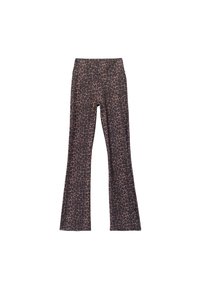 Leopard print flared leggings in dark brown and beige, made of stretchy fabric with an elastic waistband for comfort and flexibility.