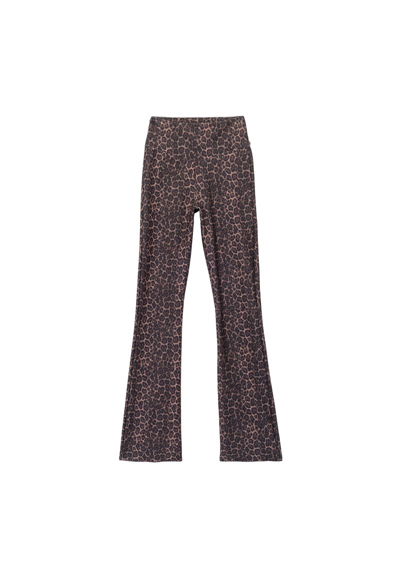 Leopard print flared leggings in dark brown and beige, made of stretchy fabric with an elastic waistband for comfort and flexibility.