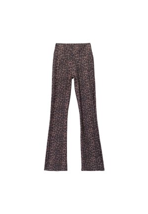 Löwenmuster Flare-Leggings in Dunkelbraun und Beige, aus dehnbarem Stoff mit einem elastischen Bund für Komfort und Flexibilität.