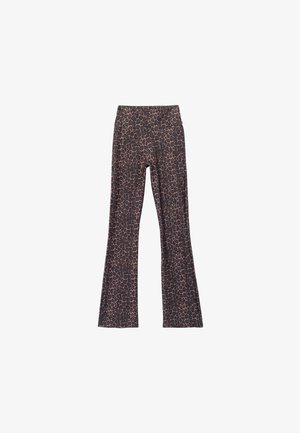 Löwenmuster Flare-Leggings in Dunkelbraun und Beige, aus dehnbarem Stoff mit einem elastischen Bund für Komfort und Flexibilität.