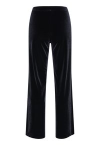Pantaloni din catifea neagră cu un design drept, având o textură netedă și un talie lată pentru un fit confortabil. Fără cusături sau modele vizibile.