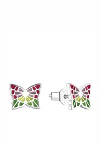Orecchini a clip a forma di farfalla in argento, con motivi di smalto rosso, viola e verde sulle ali, mostrati da angolazioni frontale e laterale.