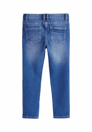 Keskmiselt sinised denim teksad, millel on kulunud välimus, viie taskuga, sirge sääre lõikega ja nähtavate õmbluste detailidega.