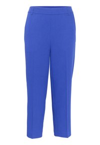 Blaue maßgeschneiderte Hose mit geradem Bein, hergestellt aus einem glatten Stoff. Mit einem mittelhohen Bund und minimalistischem Stil.