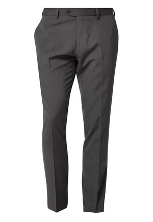 Skræddersyede grå bukser lavet af et glat stof, med flad front, bæltesløjfer og en slim fit design med sidelommer.