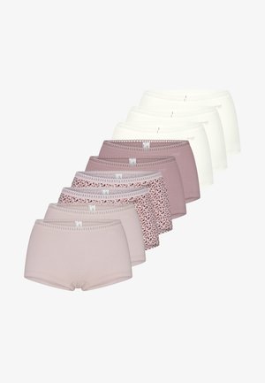 Set di otto slip in cotone morbido; colori includono rosa chiaro, malva e bianco con rifiniture in pizzo e una leggera stampa animalier su alcuni modelli.
