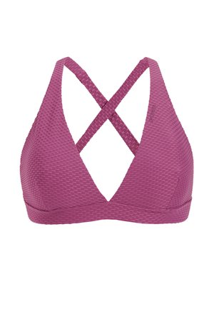 Bikinitop met een gestructureerd hexagonaal patroon, met een diepe V-hals en gekruiste bandjes aan de achterkant, in een rijke bessenkleur.
