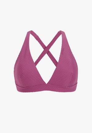 Bikinitop met een gestructureerd hexagonaal patroon, met een diepe V-hals en gekruiste bandjes aan de achterkant, in een rijke bessenkleur.