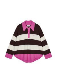 Ruskea, valkoinen ja vaaleanpunainen raidallinen neulepaita, jossa on kaulus, kolme nappia ja kirjailtu logo. Ribbaatut hihansuut ja helma. Pehmeä tekstuuri.