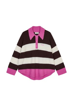 Gestreifter, brauner, weißer und rosa gestrickter Pullover mit Kragen, drei Knöpfen und gesticktem Logo. Rippbündchen und Saum. Weicher Stoff.