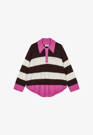 Ruskea, valkoinen ja vaaleanpunainen raidallinen neulepaita, jossa on kaulus, kolme nappia ja kirjailtu logo. Ribbaatut hihansuut ja helma. Pehmeä tekstuuri.