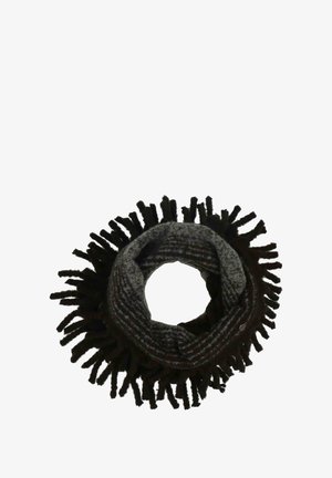 Scarf circolare lavorato a maglia con un motivo a righe grigie e nere e bordi con frange tassellate. Realizzato in materiale morbido e caldo.