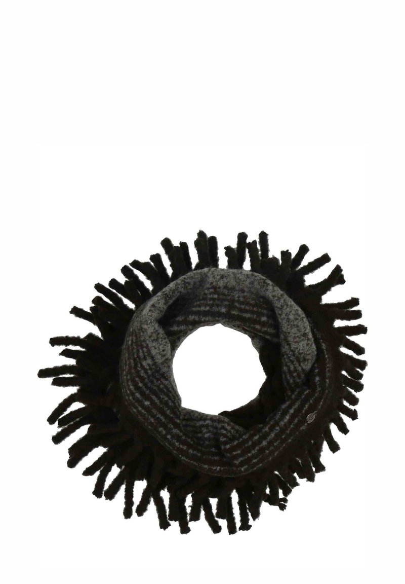 Scarf circolare lavorato a maglia con un motivo a righe grigie e nere e bordi con frange tassellate. Realizzato in materiale morbido e caldo.