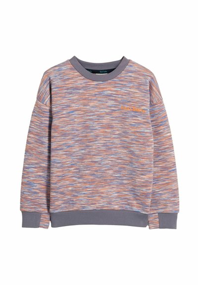 Sudadera de pullover en un patrón melange de naranja, azul y gris. Presenta un cuello redondo y puños y dobladillo acanalados. Logo de "Paul Smith" visible.