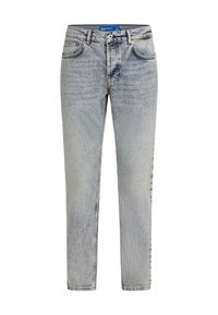 Jean en denim bleu clair avec une coupe droite, présentant des détails délavés, cinq poches et une fermeture à bouton à la taille.
