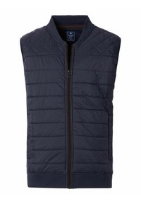 Marineblau gesteppte Weste mit einem gerippten Kragen, durchgehendem Reißverschluss und seitlichen Knopfdetails. Hergestellt aus leichtem, isoliertem Material.