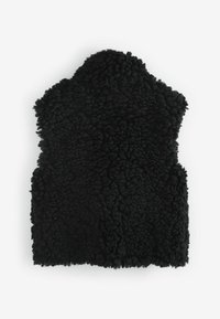 Svart fleeceväst med en texturerad, tovig yta, med rundad halsringning och utan synliga knäppningar eller dekorationer.