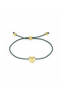 Bracciale con charm a forma di cuore in oro su un cordino verde scuro, con due piccoli cuori d'oro e chiusura regolabile con slider. Finitura liscia e lucida.