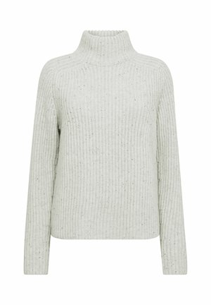 Hellgrauer, gerippter Strickpullover mit hohem Rollkragen und langen Ärmeln. Besitzt eine strukturierte Oberfläche mit einem dezenten gesprenkelten Muster.
