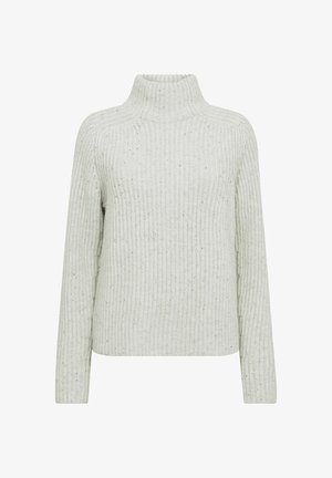 Jasnoszary, prążkowany sweter z wysokim kołnierzem i długimi rękawami. Posiada teksturowe wykończenie z delikatnym, prążkowanym wzorem.