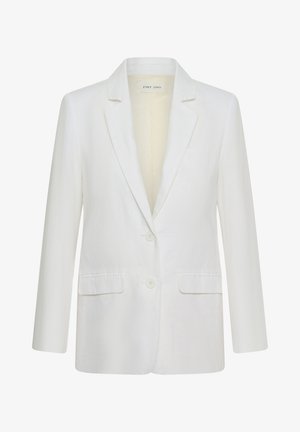 Bijeli blazer s dva gumba s reverima s urezom, dva prednja džepa s poklopcem i džep na prsima, dizajniran za formalnu ili poslovnu odjeću.