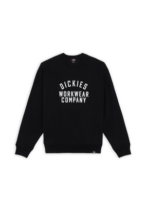 Black sweatshirt with round neckline, long sleeves, and ribbed cuffs. Features white text "DICKIES WORKWEAR COMPANY" on the front.