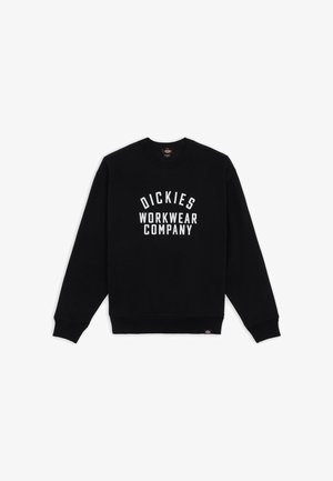 Schwarzer Sweatshirt mit Rundhalsausschnitt, langen Ärmeln und gerippten Bündchen. Auf der Vorderseite befindet sich der weiße Text "DICKIES WORKWEAR COMPANY".