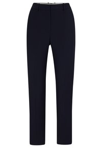 Pantalones de corte recto en color navy, con cinturilla, trabillas para cinturón, cierre de cremallera y dos bolsillos delanteros. Textura de tela suave y tejida.