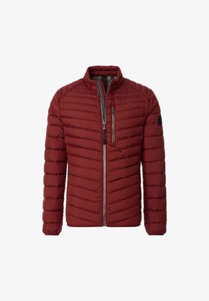 Red quilted jacket with a stand collar, zip closure, and one chest pocket. Features a gray lining and elastic cuffs for a snug fit.