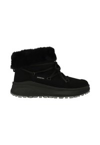 Zwarte enkelboots van suede met een nepbont kraag, vetersluiting, gestructureerde buitenzool en een dikke, gevoerde zool voor comfort.