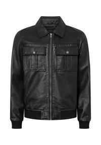 Schwarze Lederjacke mit Frontreißverschluss, zwei Brusttaschen mit Klappen und Druckknöpfen, gerippte Bündchen und Saum, klassischer Kragenstil.
