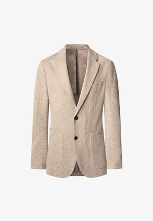 Lichtbeige wollen blazer met een notch-lapel, twee voorkeurs zakken en twee zwarte knopen. De binnenzijde heeft een gladde voering. Tailored fit.