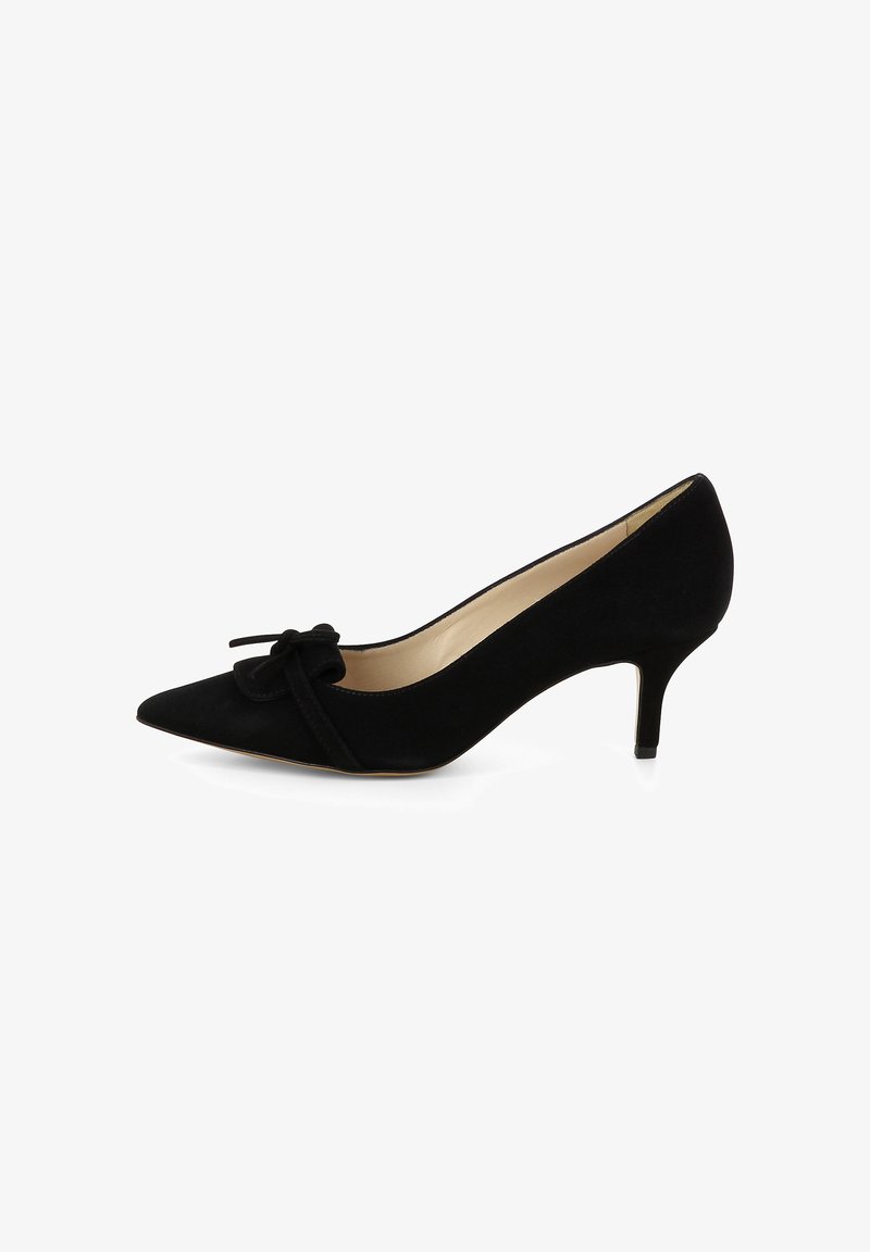 Black suede high heel shoe with a pointed toe and a bow detail on the vamp. Features a 2.5-inch heel and a smooth beige insole.