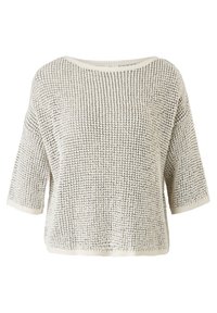 Kremowy sweter o teksturowej strukturze, luźnym kroju, szerokim dekolcie i rękawach do łokcia, z wzorem tkanym i prążkowanymi brzegami.